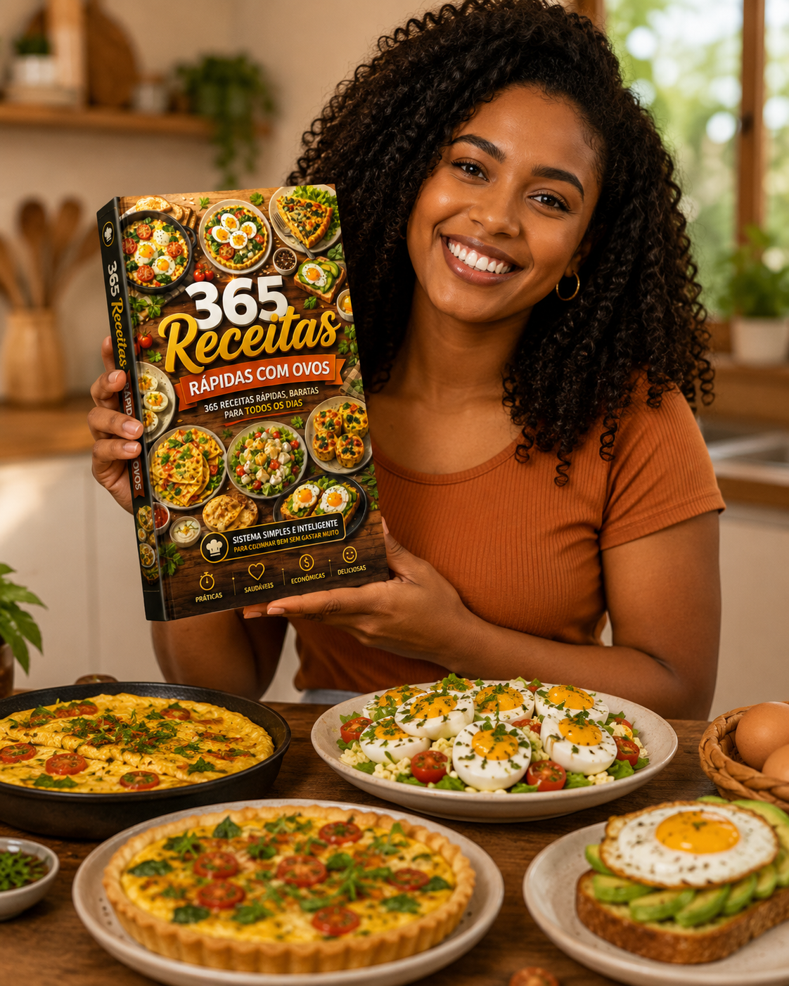 Mulher sorrindo segurando o Guia 365 Receitas, com pratos preparados com ovos
